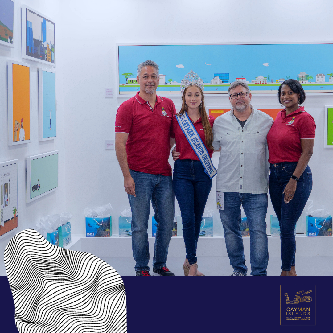Cayman representatives at Expo 2020 Dubai Alee Fa’amoe (far left) and Melanie McField (far right), accompanied by Miss Cayman Islands Universe Georgina Kerford (middle left) and Sean “Dready” Aquart (middle right) at World Art Dubai, 16-19 March 2022. 